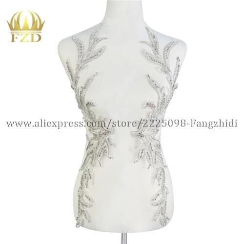 FZD 1 Piece Handmade Sew-on Beaded Crystal Rhinestone Applique Patches With Gauze for Wedding Dress DIY Bridal Waist Decoration