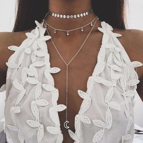 European and American handmade multi-layer round piece chain moon necklace Bohemian style long tassel necklace