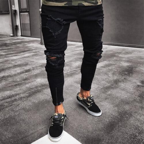 Fashion Mens Ripped Skinny Jeans Destroyed Frayed Slim Fit Denim Pant Zipper New Design Slim Straight Hip Hop Black Trousers