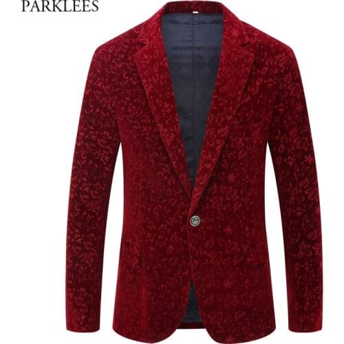 Mens Stylish Floral Velvet Tuxedo Suit Jacket Notched Lapel One Button Red Dress Blazers Men Wedding Party Dinner Costume Homme