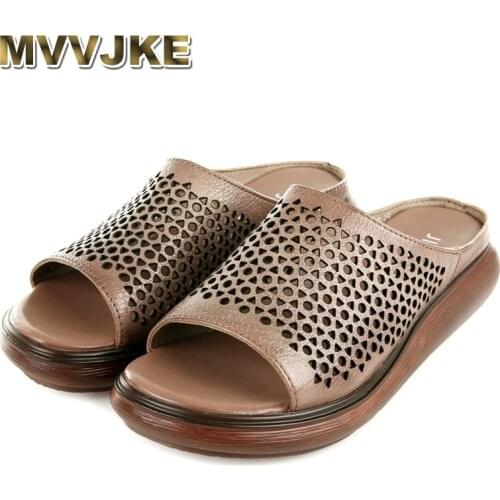 MVVJKE Summer Wedge Slippers Vintage Genuine Leather Slippers Comfortable Platform Outside Flip Flops shoes