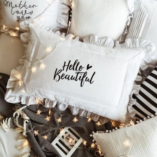 DUNXDEC Pillow Case White Cotton Cushion Cover Fashion Black Words HELLO BEAUTY Embroidery Girl Room Decor 48x74CM