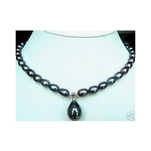 Charming Stunning 18' Black Pearl Necklace&Drop Seashell Pendant Fashion AKOYA Free shipping