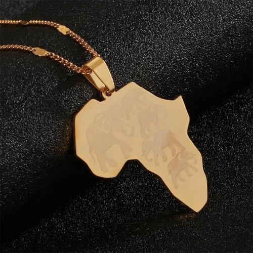 Stainless Steel Africa Map Pendant Necklaces Map of African Trendy Wildlife Elephants Pattern Jewelry