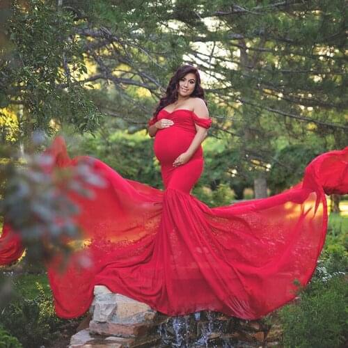 Pregnant Dress New Maternity Photography Props For Shooting Photo Pregnancy Clothes Cotton+Chiffon Off Shoulder Half Circle Gown
