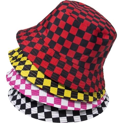 Luxury Vintage Fashion Girls Red Cotton Plaid Double Two Sided Bucket Hat Checked Reversible Fisherman Breathable Travel Cap