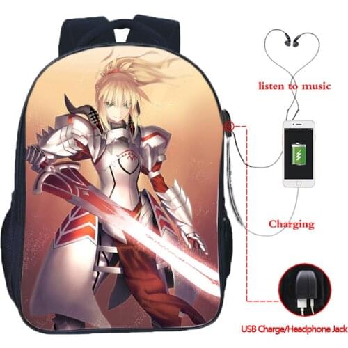 Black Saber Fate Apocrypha Grand Orde USB Charge Backpacks Men Women Boys Girls Backpack Casual School Bag fashion backpack