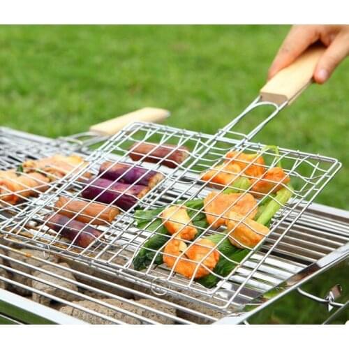 1PC Steel BBQ Grilling Net Mesh Fish Clip Barbecue Net With Wood Handle Non-stick Steak Corn Vegetable BBQ Net OK 0394
