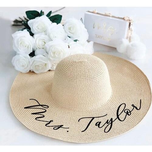 Custom Name Wedding Bridesmaid Hat ,Straw Sun Hat , Beach Floppy Hen Hat , Personalized Bridal Party Gifts Honeymoon Hat