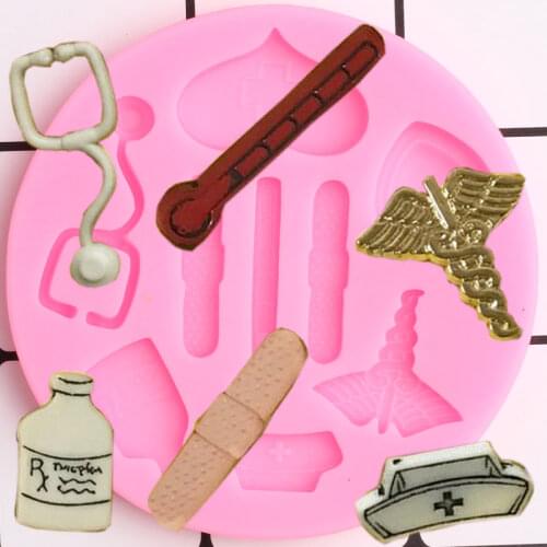 Medical Themed Silicone Mold Nurse Hat Bottle Heart Stethoscope Fondant Cake Decorating Tools Candy Chocolate Gumpaste Mould