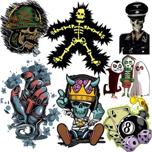 Skull/Punk Police Patch Stickers Iron On Transfer Applique For Clothing Skull Alphabet Thermal Sticker Heat Transfer For T-shirt