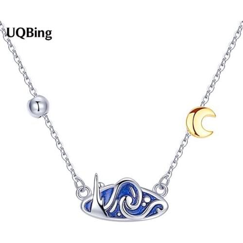 Korean personality blue dripping Van Gogh starry sky golden 925 sterling silver moon necklaces for women jewelry