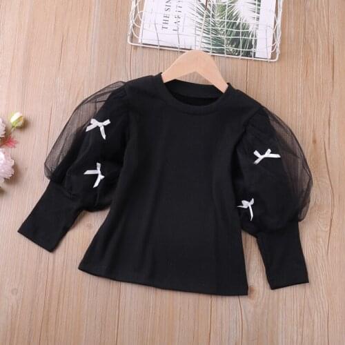 Spring Fall Girls Bottoming Shirt Tops New Bowknot Net Yarn Bubble Sleeve Girl Clothes Cute Children Clothes Long-sleeve T-shirt
