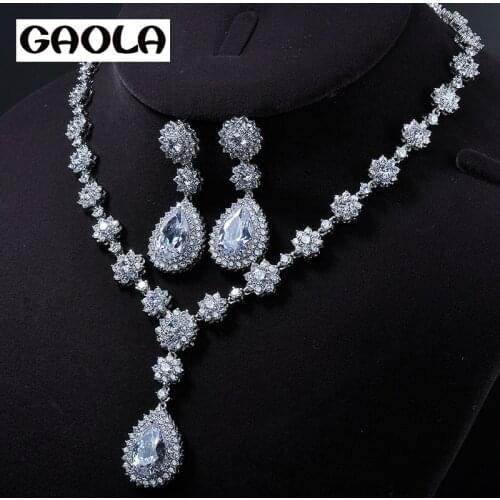 High Quality Exquisite Flower Shape Silver Color Big Waterdrop Zirconia Jewelry Set Africa Style GLN0118-4555