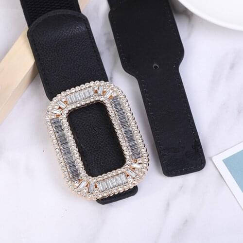 Womens Runway Fashion Diamonds Buckle Elastic Cummerbunds Female Dress Corsets Waistband Belts Decoration Wide Belt