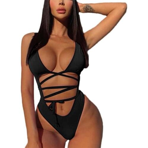 2021 Summer One Piece Swimwear Sexy High Cut Thong Bikini Strap Front Tie Bathing Suit One Piece Swimsuits for Women Beachwear
