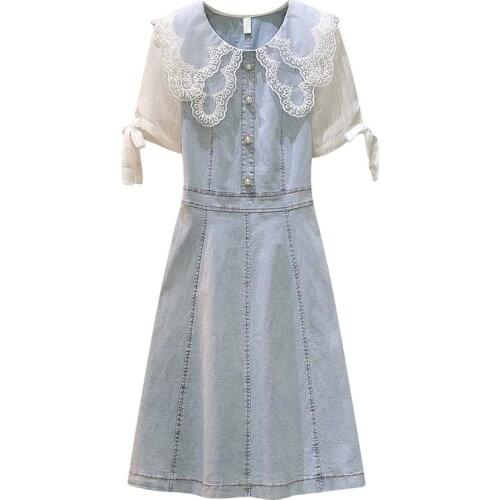 Plus Size 6XL Women Summer Jeans Dress New Doll collar Casual Denim Dress Waist Stitching Short-Sleeved 2021 Female Cowboy Dress