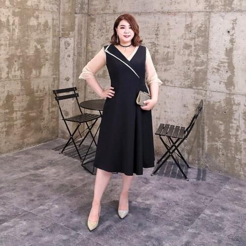 Women Prom Dresses A-Line Three Quarter Sleeve Regular Taffeta Tea-Length Natural V-neck Simple Plus Size Lace Party Dress D031