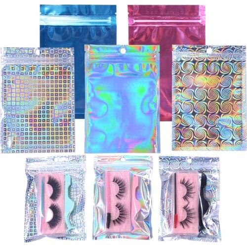 Newest 100/50pcs Wholesale Pink Gold Blue Holigraphic 3D Fake Eyelash Packaging Bag Jewelry Gift Lashes Baggies Box