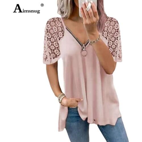 Aimsnug Plus Size 3xl Women Elegant Leisure Casual T-shirt Solid Fashion Zipper Patchwork Lace Tops 2021 Summer Tees shirt Femme