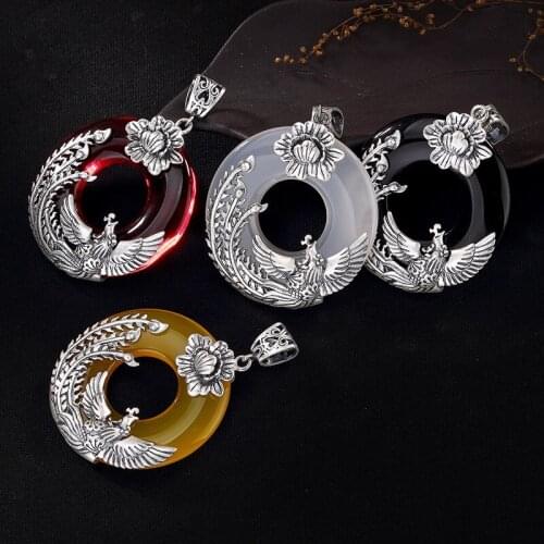 2018 Hot Sale S990 Fine Silver Phoenix Peony And Restoring Ancient Ways Ms Chalcedony Pendant Chain Silver Long Sweater