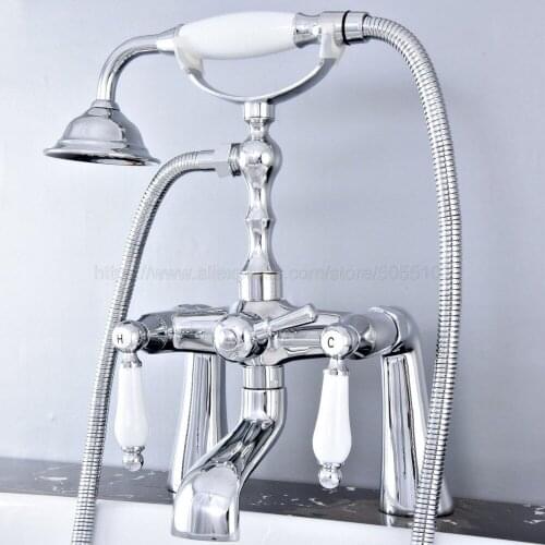 Bathroom Polished Chrome Bathtub Faucet Deck Mount with Handheld Shower Bathroom Tub Mixer Taps ztf765
