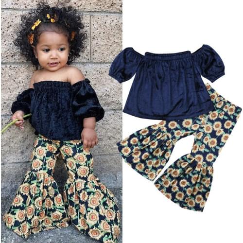 2Pcs Kids Baby Girl Clothes Off Shoulder Tops T shirt Sunflower Printed Wide Leg Pants Summer Casual Outfits 1-6Years
