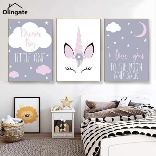 Unicorn Canvas Poster Baby Girl Cute Cartoon Nursery Quotes Wall Art Print Love You To The Moon Painting Nordic Kids Room Decor