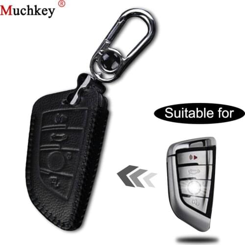 Leather Remote Case Car Key Bag Cover For BMW 5 Series Smart Key Luxury Genuine Hand Sew Black Line 1PC Type D