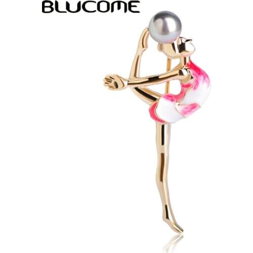 Blucome Fashion Sports Gymnastics Girls Brooch Clothes Accessories Gold-color Metal Enamel Simulated Pearls Brooches Jewelry Pin