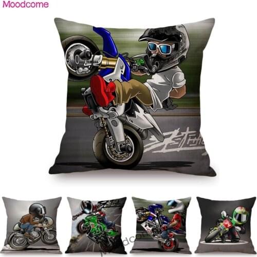 Lovely Cartoon Mini Motorcycler Biker Motor Bike Stunters Cool Funky Syle Home Decoration Sofa Pillow Case Linen Cushion Cover