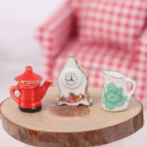 Hot！3pcs/set Dollhouse Miniature Floral Pattern Teapot +Clock Set Kitchen Furniture Dollhouse Accessories