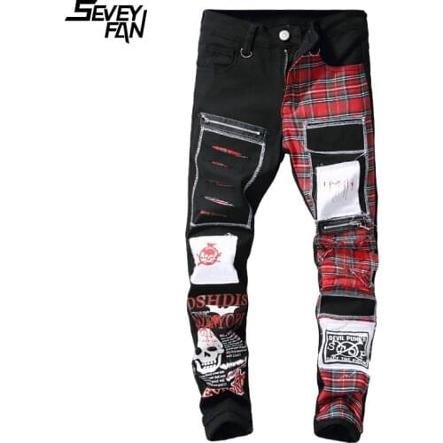 Fashion Slim Skull Jeans Ripped Men Letter Printed Zipper Patchwork Hip Hop Denim Pants Vintage Black Hole Jean Trousers Casual