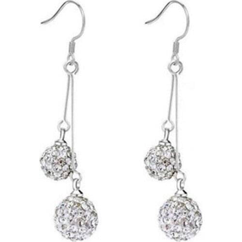 Fashion Luxury Double Bling Crystal Ball Silver Color Earrings Women Long Tassel Drop Dangle Earrings Ear Hook Bridal Jewelry