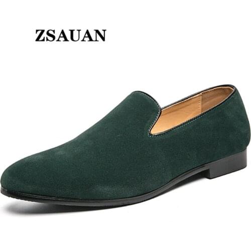 ZSAUAN British Green Graceful Man Party Flats Dropshipping Casual Dress Shoes Faux Suede Pointed Male Penny Loafers Plus Size