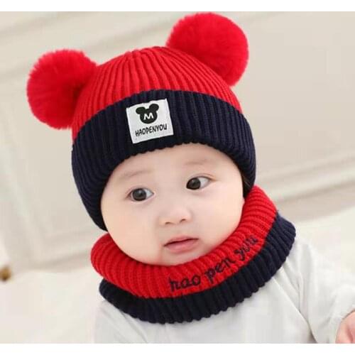 Autumn and Winter New Hat Scarf Baby Two-piece Wool Thickened Children Warm Hat Baby Bib Knitted Hat for Baby Girl Boy 0-12M