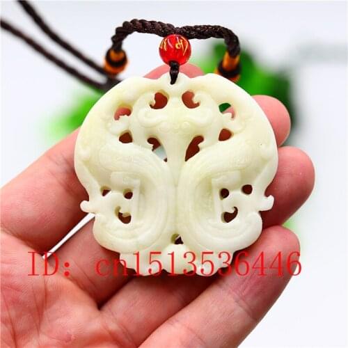 Natural White Jade Phoenix Pendant Necklace Charm Jewelry Double-sided Carved Amulet Fashion Chinese Women Men Sweater Chain