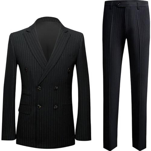 Jacket+Pants) Mens Fashion High Quality pure cotton Double breasted business suits/Male slim fit Stripe leisure Blazers 2Pcs