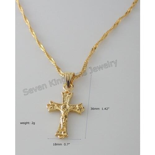 YELLOW GOLD GP 18" TWIST NECKLACE &Lord JESUS christianity CROSS CUTE PENDANT HANGS 1.42" catholic