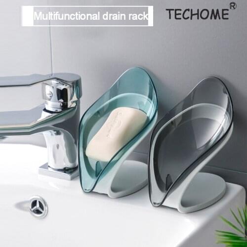 Transparent Leaf Shape Soap Dish Bathroom Toilet Free Perforation Drain Soap Holder Soap Box Silicone Gasket Storage Box