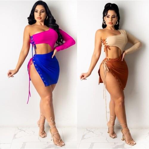 Sexy One Shoulder Bandage Dress Women Cut out Waist Club Outfit Long Sleeve High Split Bodycon Dress 2021 Summer Party Sundress