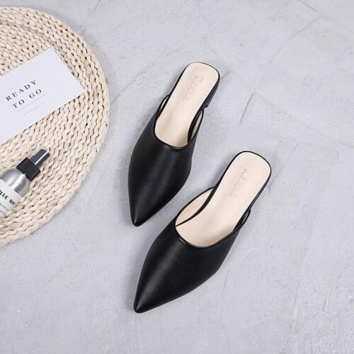 Solid color pointed toe slippers women brief flat slides shoes woman outdoor mules leather flip flops ladies chanclas mujer 2020