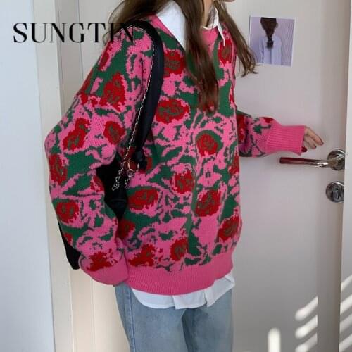 Sungtin New O Neck Print Sweater Women Rose Flowers Loose Vintage Knitted Pullovers Female Thick Casual Oversized Elegant Jumper