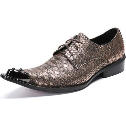 Fashion Men Dress Shoes Genuine Leather Gold Python Skin Iron Pointed Toe Shoes Lace Up Nightclub Oxford Shoes Zapato Hombre