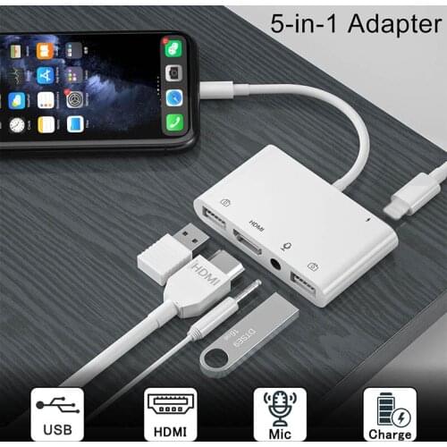 OTG USB Adapter For Lightning To 3.5mm Headphone Jack Comaptible with HDMI Connectior Cable Data Sync For iPhone 12 X/XR/XS/8/7