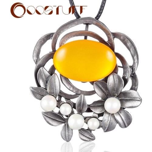 Vintage Jewelry Long Necklace for Women Color Stone Beads Flower Pendant Black Rope Chains Jewellery Suspension Chokers colar