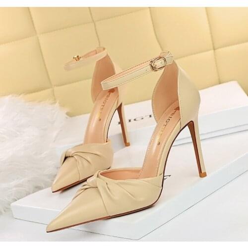 2021 Sweet Women Stripper 10cm High Heels Knots Sandals Lady Pink White Nued Stiletto Heels Sandals Wedding Prom Shoes Plus Size