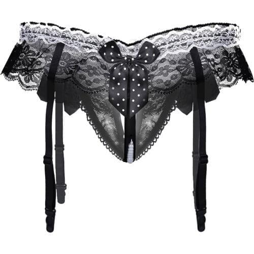 Women Sexy Crotchless Panties Ruffle Lace Open Crotch G-String Briefs Sissy Pearl Chain Massage Underwear with Garter Suspender