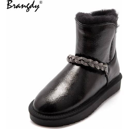 Brangdy Women Ankle Snow Boots Genuine Leather Waterproof Crystal Women Shoes Chunky Round Toe Women Winter Snow Boots With Fur