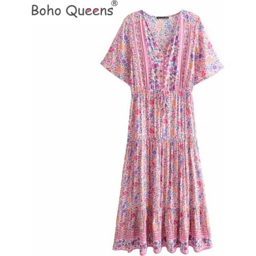 Boho Queens women pink Floral print sleeve beach Bohemian rayon maxi dresses Ladies V neck botton Tassel Boho dress vestidos